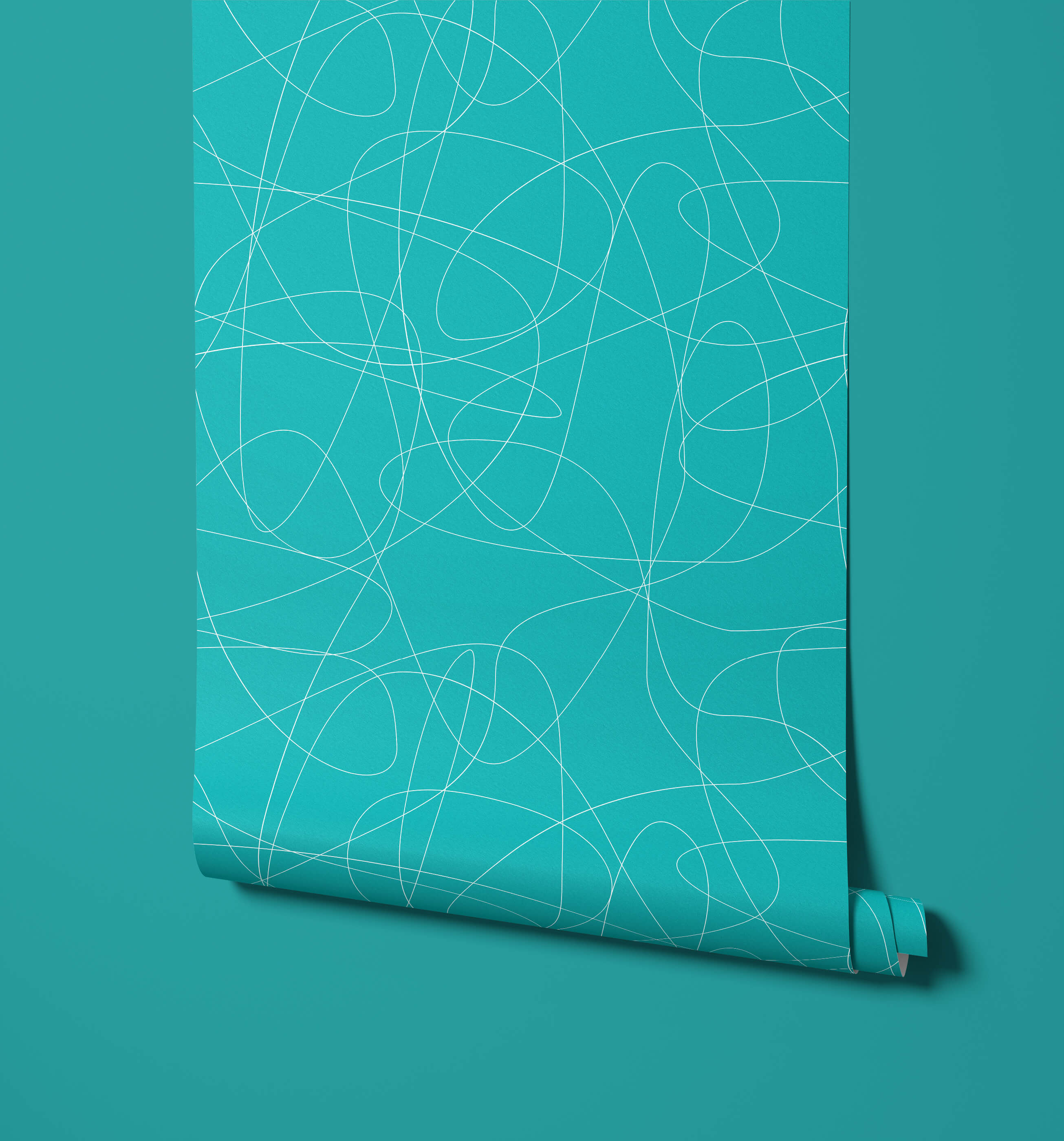 Teal wallpaper called wander with a modern abstract design of interwoven white lines perfect for stylish walls