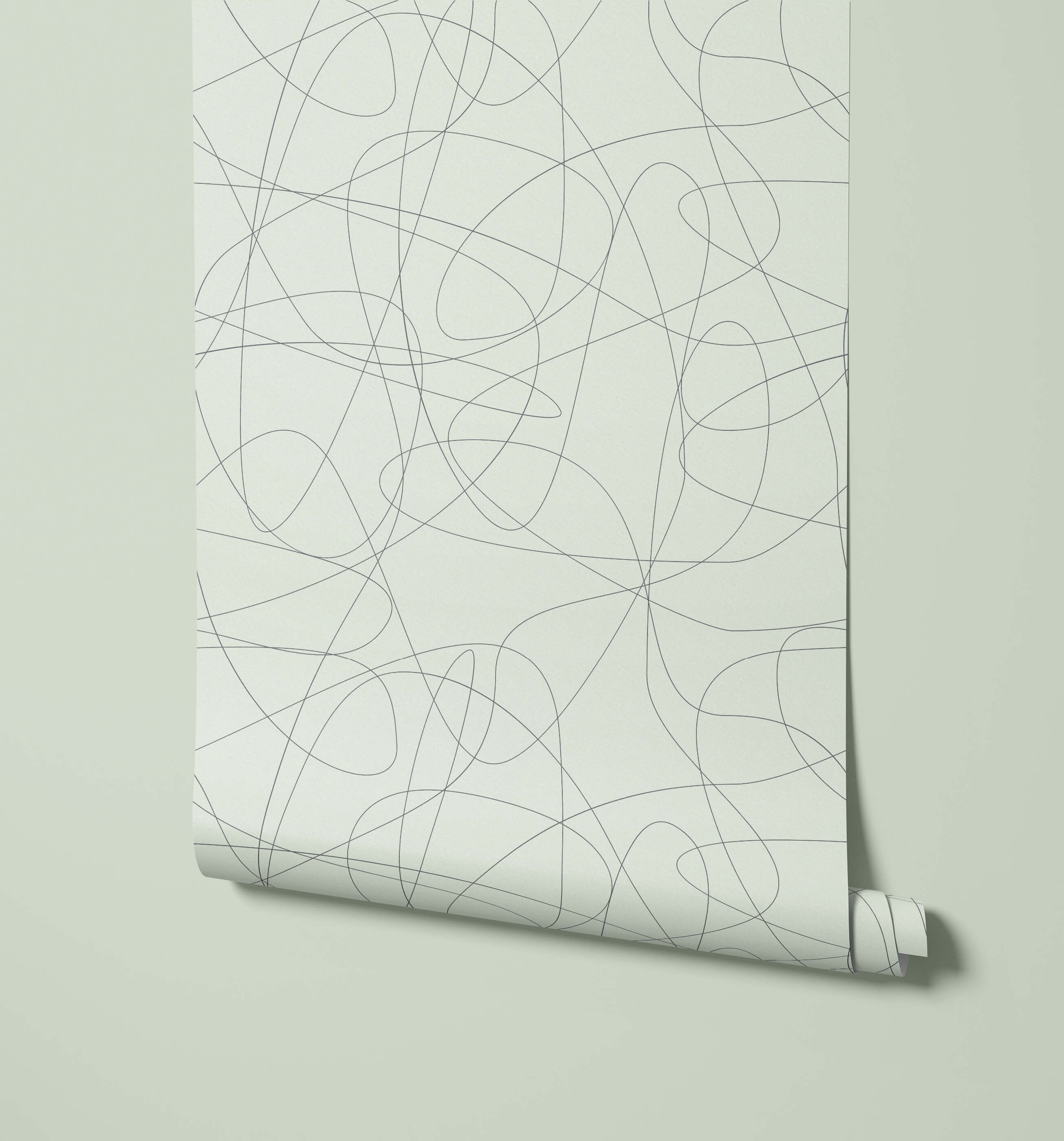A roll of wander minimalist wallpaper with a soft off-white background and thin intersecting black lines pattern