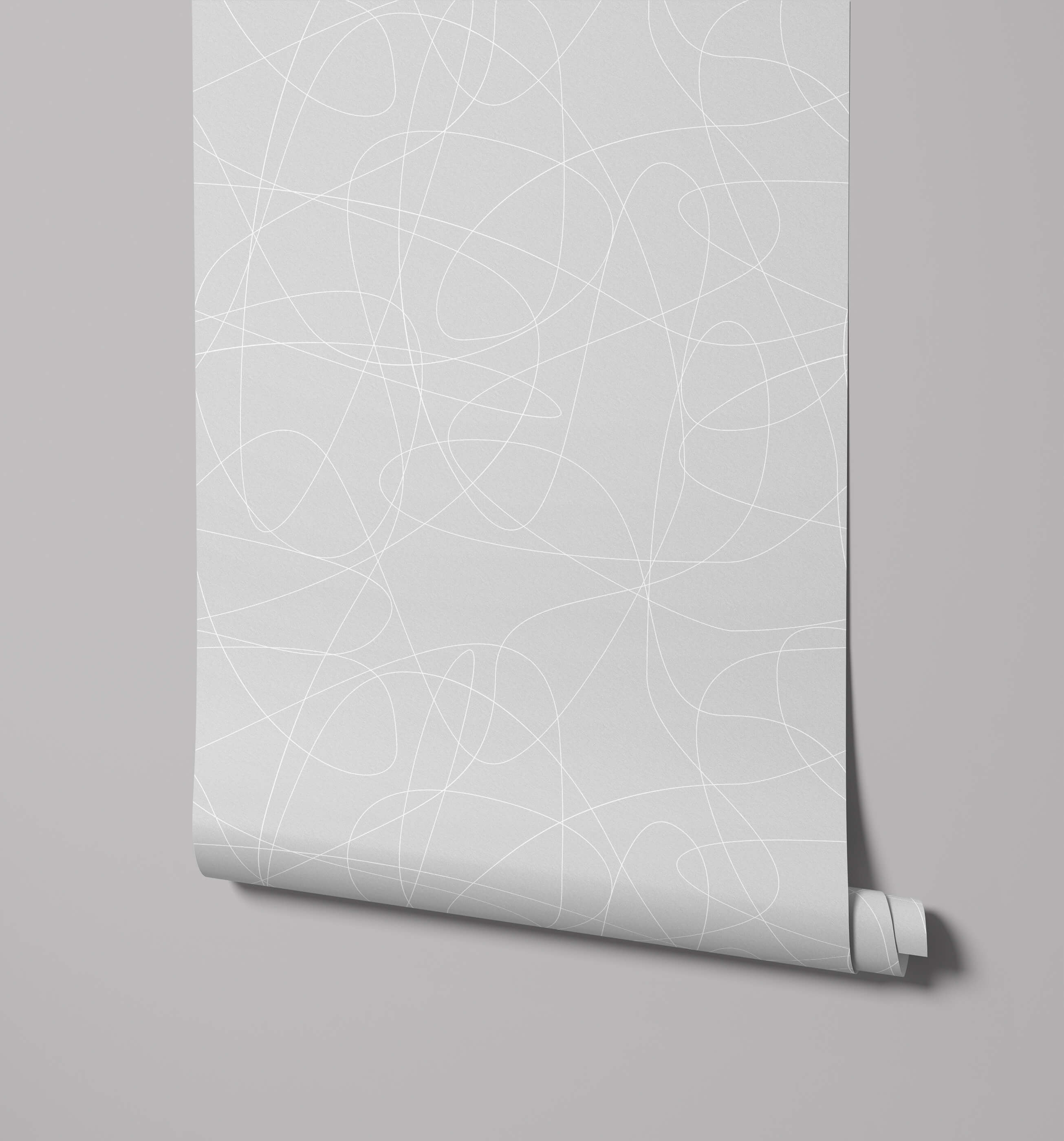 A minimalist gray wallpaper roll named wander with delicate abstract white line patterns for stylish walls
