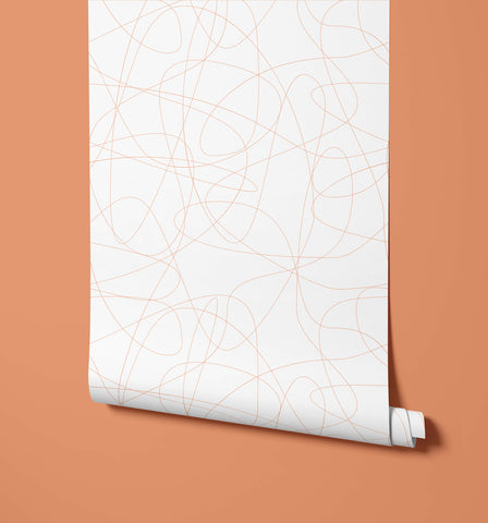 Wander white wallpaper with delicate peach thin lines forming abstract flowing interconnected shapes