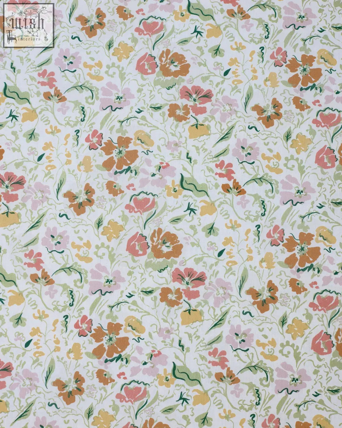 Pastel floral wandle wilde wallpaper with oversized delicate orange pink and yellow blossoms on off-white background