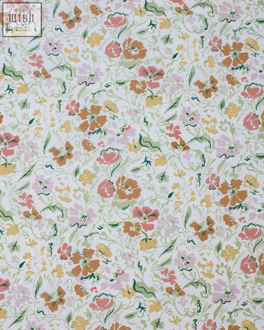 Pastel floral wandle wilde wallpaper with oversized delicate orange pink and yellow blossoms on off-white background