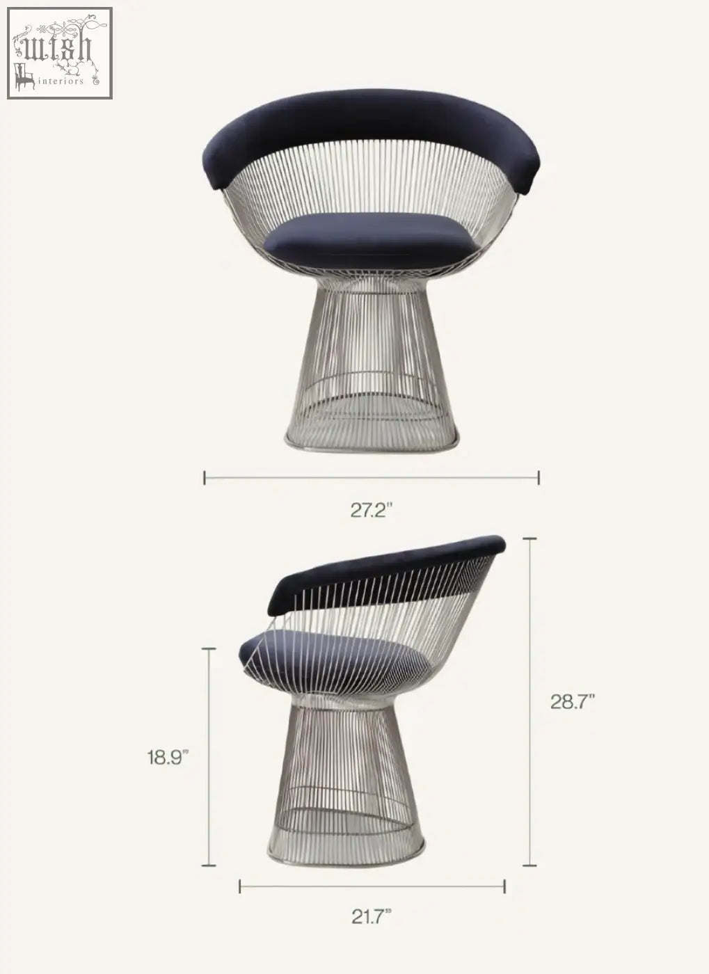 Modern wireframe warren platner dining chair with navy blue upholstered seat and backrest clearance sale