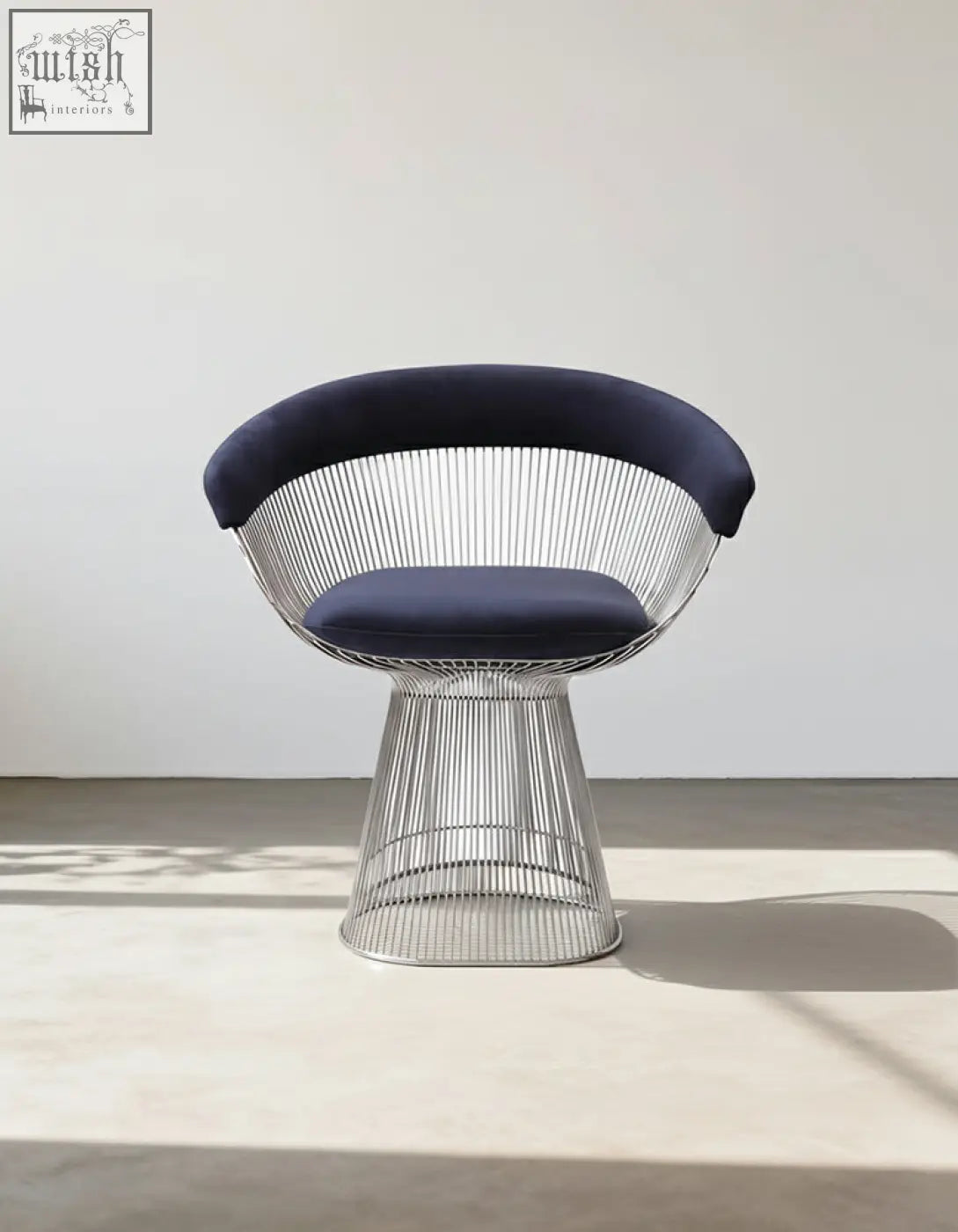 Navy blue upholstered warren platner dining chair with wireframe base and sleek modern design clearance sale