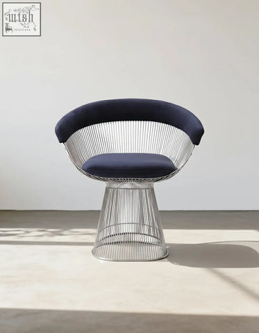 Navy blue upholstered warren platner dining chair with wireframe base and sleek modern design clearance sale