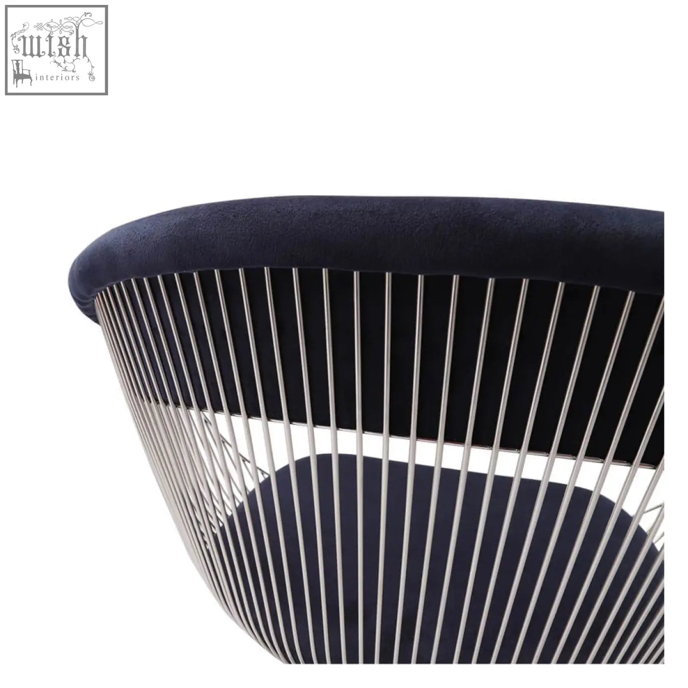 Navy blue velvet warren platner dining chair with sleek modern wireframe structure on clearance sale