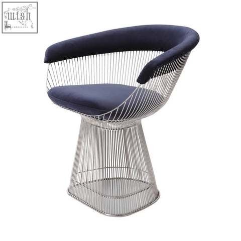 Navy blue velvet upholstered warren platner dining chair with wireframe design and polished metal base clearance sale