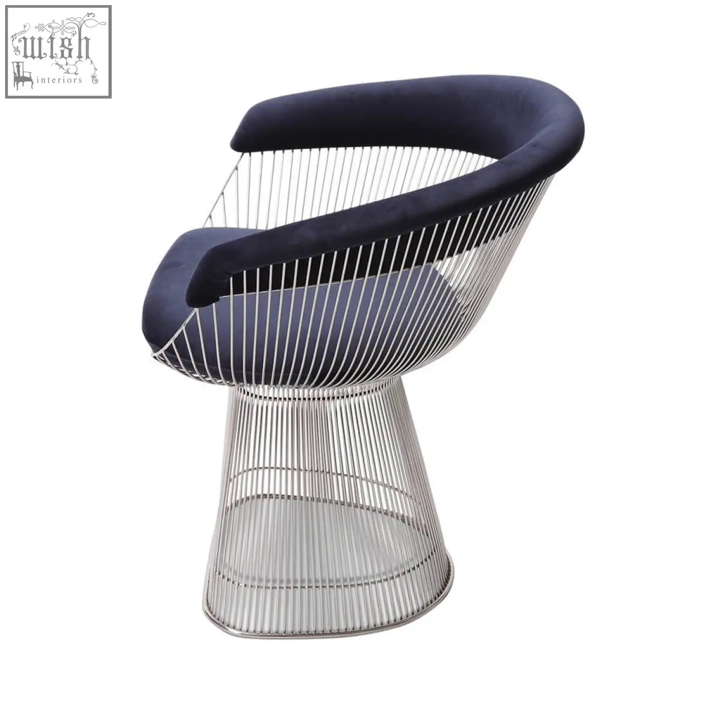 Navy blue velvet warren platner dining chair with wireframe design and polished chrome base in clearance sale