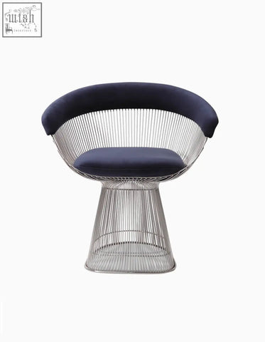 Navy blue velvet cushioned warren platner dining chair with sleek polished chrome wireframe base clearance sale