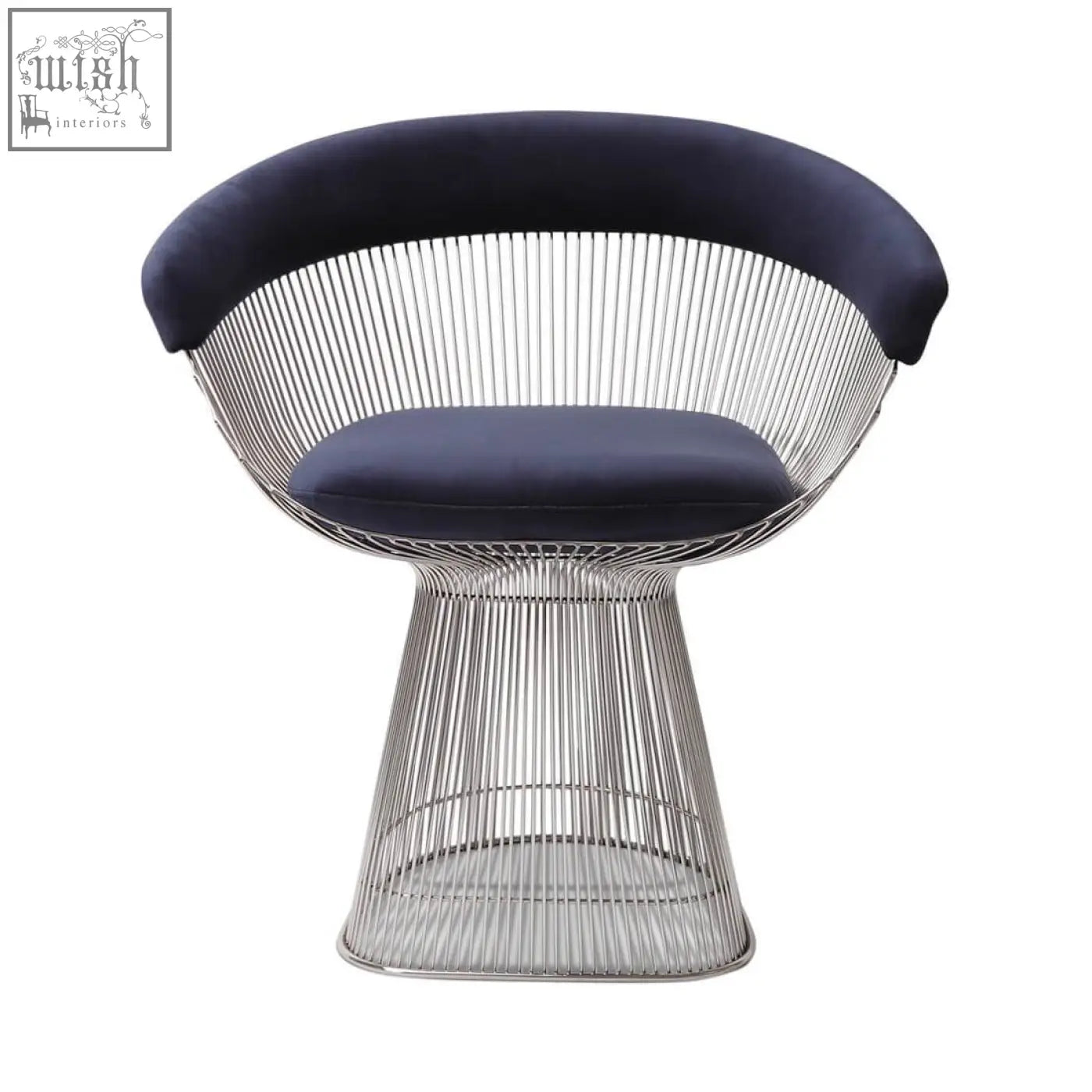 Navy blue velvet cushioned warren platner dining chair with sleek modern chrome wireframe base clearance sale