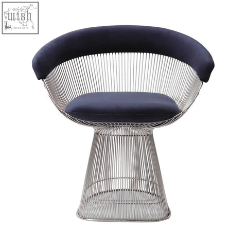 Navy blue velvet cushioned warren platner dining chair with sleek modern chrome wireframe base clearance sale