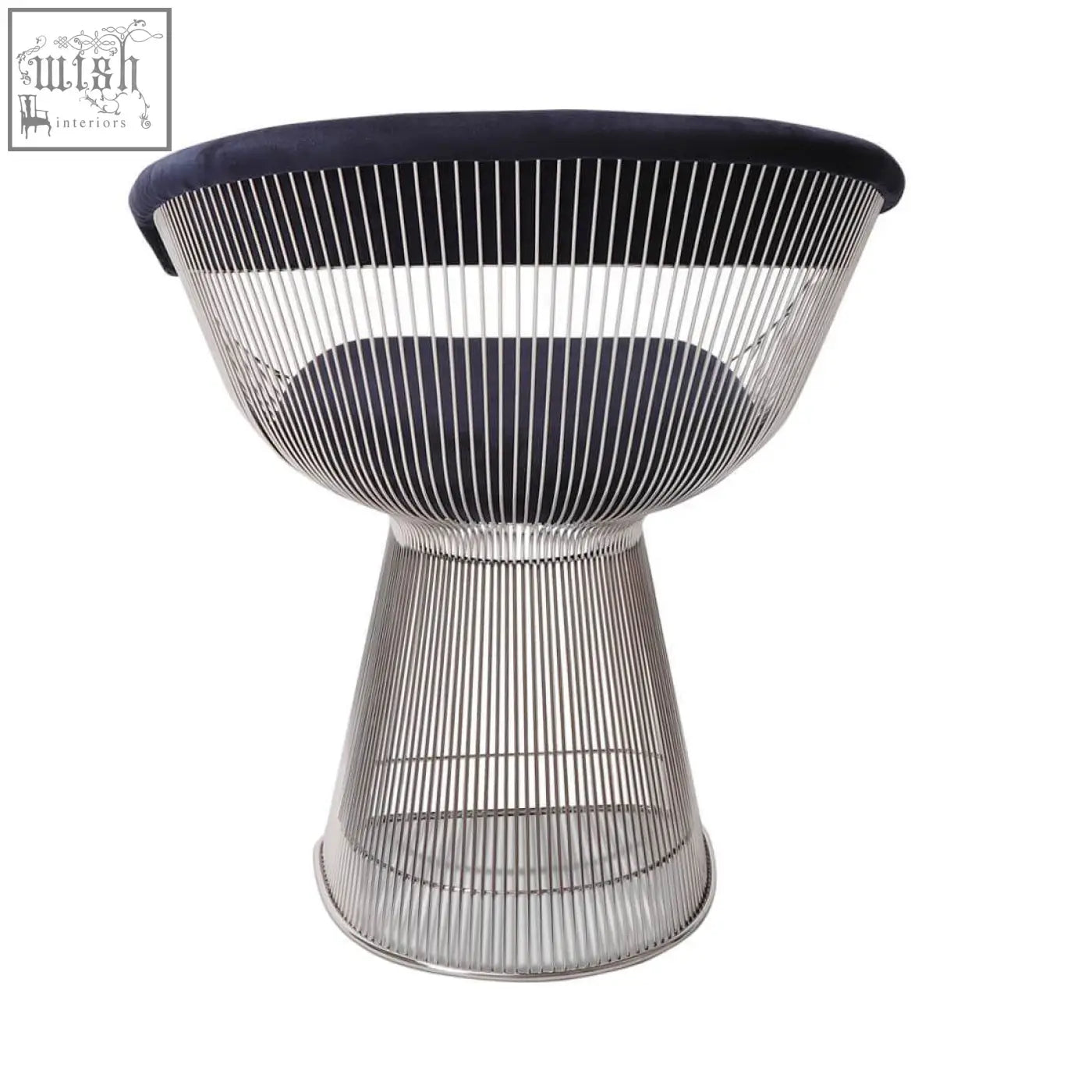 A sleek warren platner dining chair with polished metal wireframe and navy blue upholstered seat and backrest clearance sale