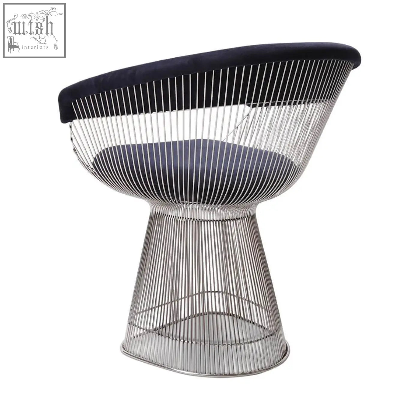 A sleek warren platner dining chair with polished chrome wireframe and plush black velvet upholstery clearance deal