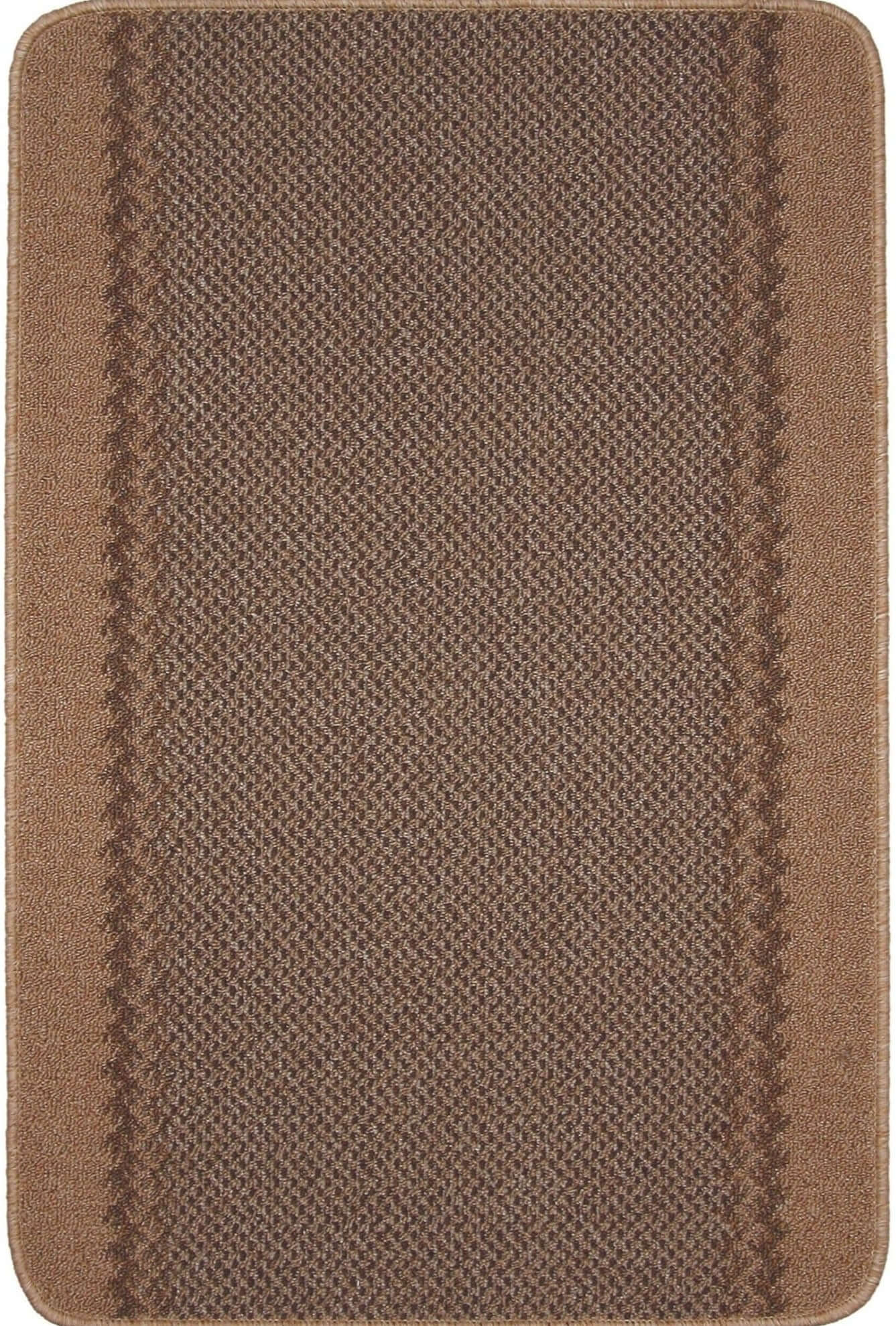Brown textured washable bordered beige rug with woven diamond pattern and solid border stripes for bathroom use