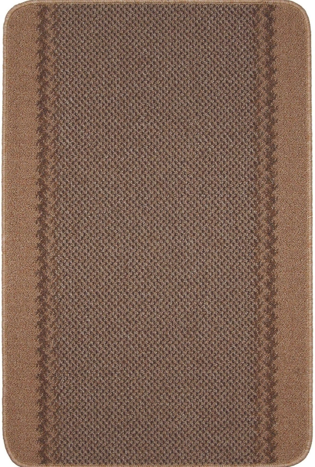 Brown textured washable bordered beige rug with woven diamond pattern and solid border stripes for bathroom use