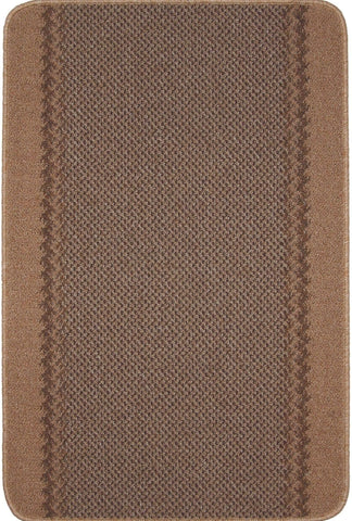 Brown textured washable bordered beige rug with woven diamond pattern and solid border stripes for bathroom use