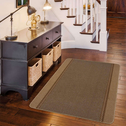 Brown washable bordered beige rug with diamond pattern and subtle border detailing perfect for easy cleaning