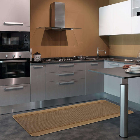Washable bordered beige rug with textured braided pattern and slightly raised edges in woven material