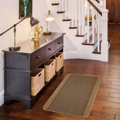 Beige woven washable bordered rug with textured pattern and subtle border trim perfect for easy care spaces