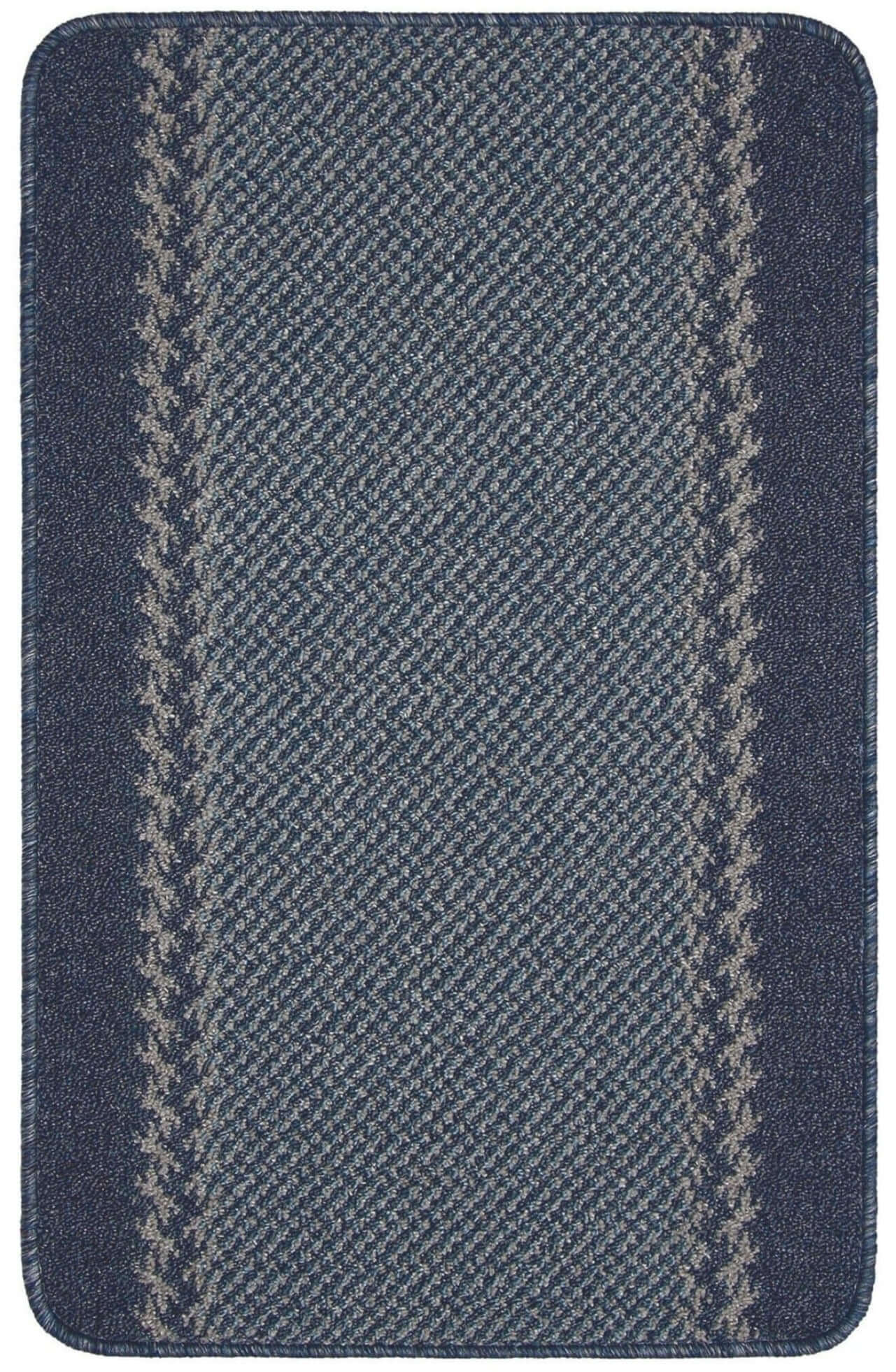 Dark blue washable bordered blue rug with two light gray vertical stripes and textured surface for bathroom use