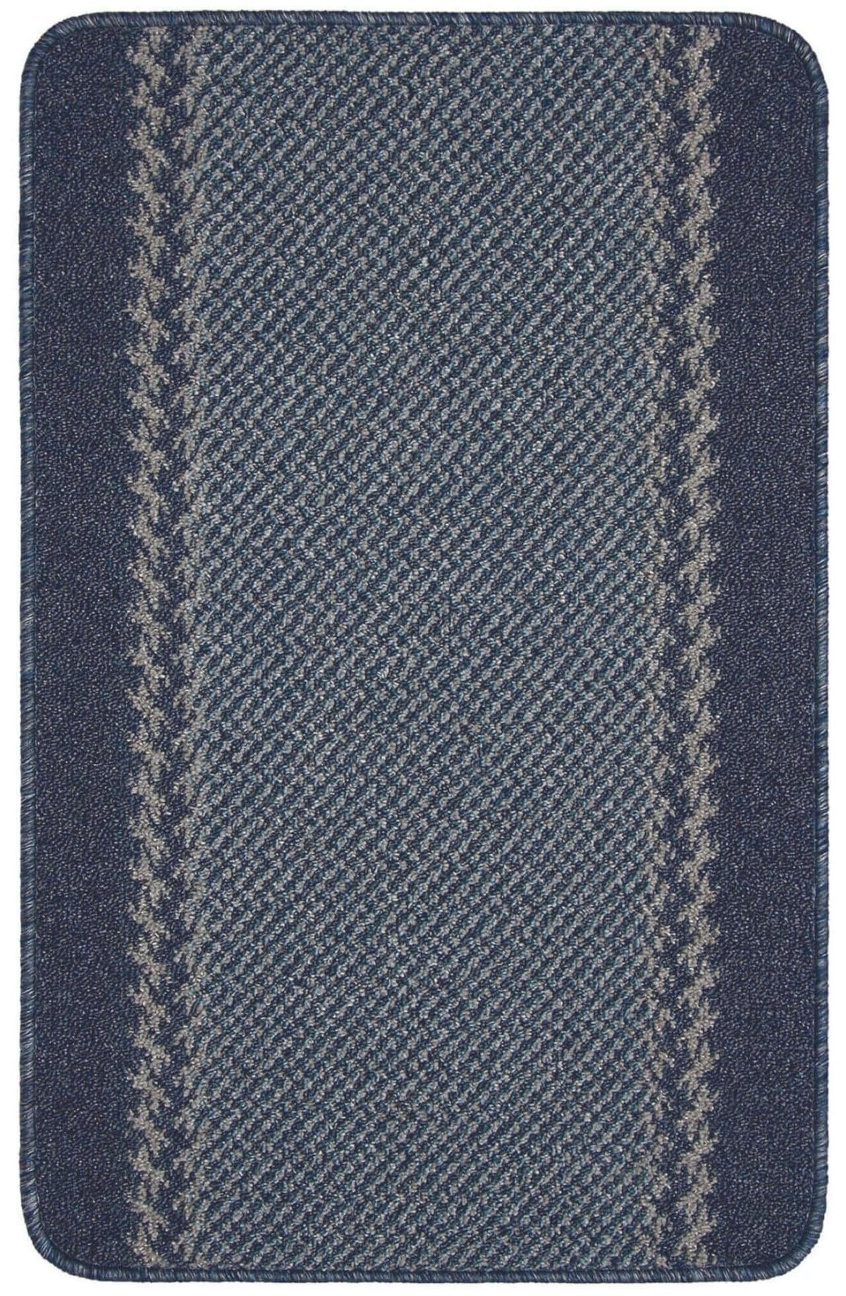 Dark blue washable bordered blue rug with two light gray vertical stripes and textured surface for bathroom use