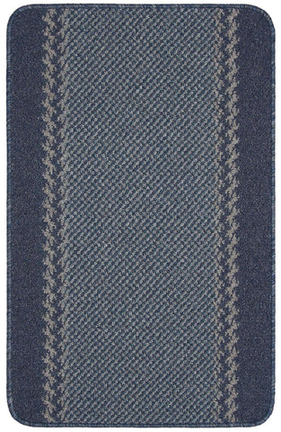 Dark blue washable bordered blue rug with two light gray vertical stripes and textured surface for bathroom use