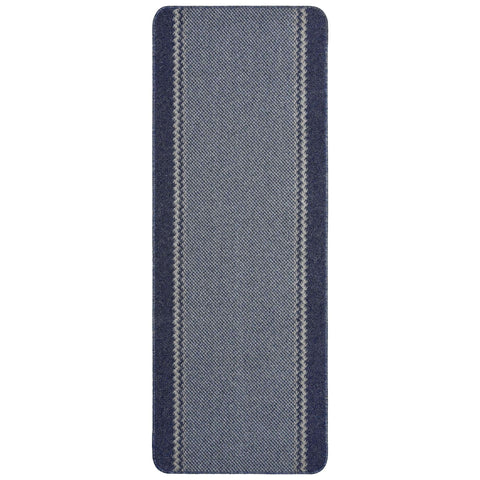 A washable bordered blue runner rug with navy and gray stripes and a textured woven pattern perfect for hallways