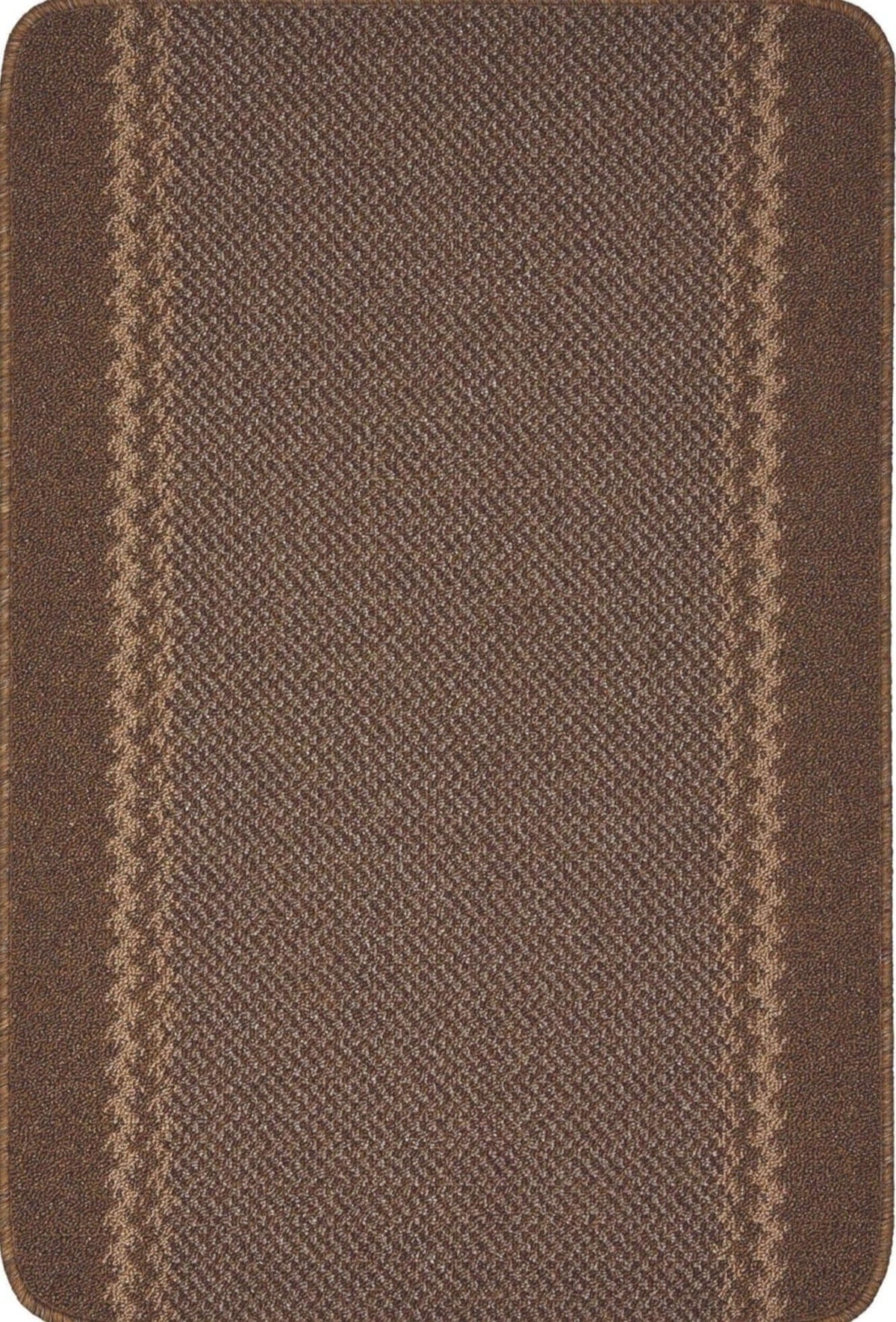 Washable bordered brown woven bath mat with two beige herringbone stripes in the center washable bordered brown rug