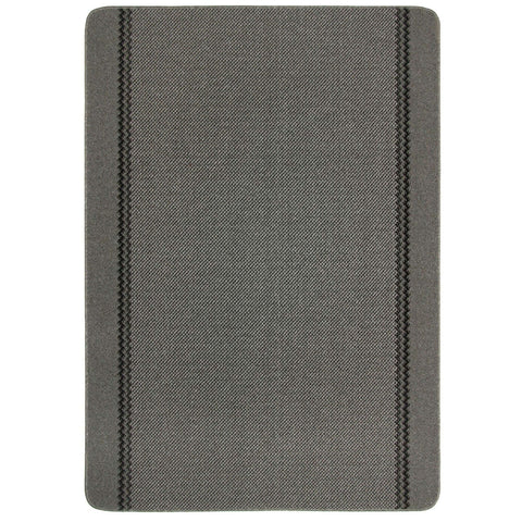 Gray rectangular washable bordered dark grey rug with textured weave and two black stitched stripes along sides