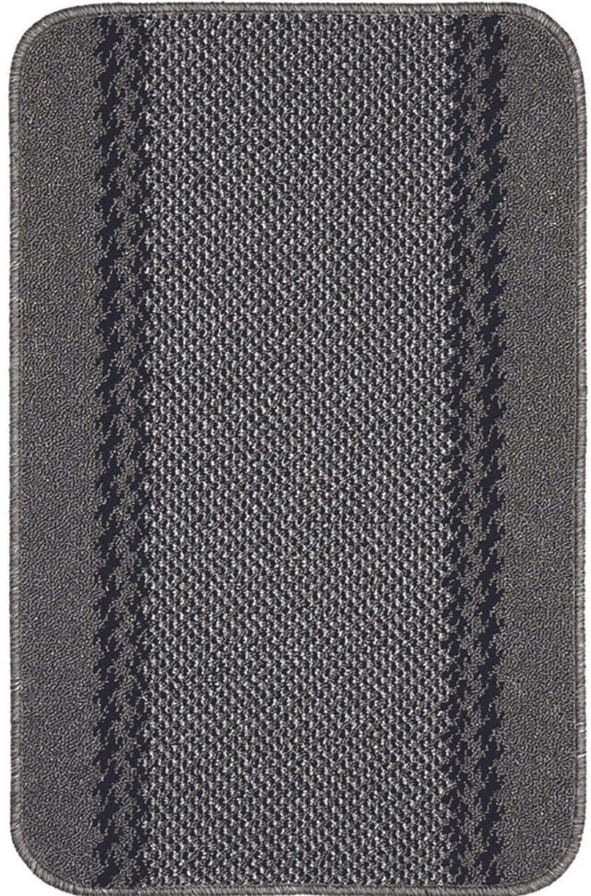 Gray textured washable bordered dark grey bath mat with darker gray vertical stripes for bathroom use