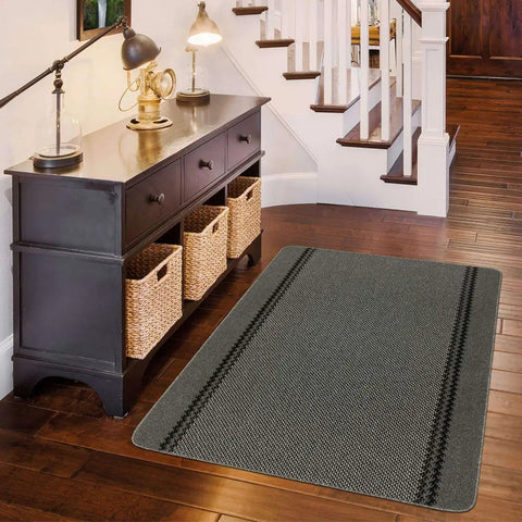 Washable Bordered Dark Grey Rug | 116D - Rugs