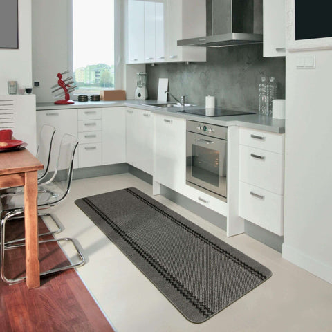 Gray textured kitchen rug with a black geometric border pattern washable bordered dark grey for easy cleaning