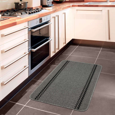 Gray textured kitchen mat with black striped border washable bordered dark grey rug for easy cleaning