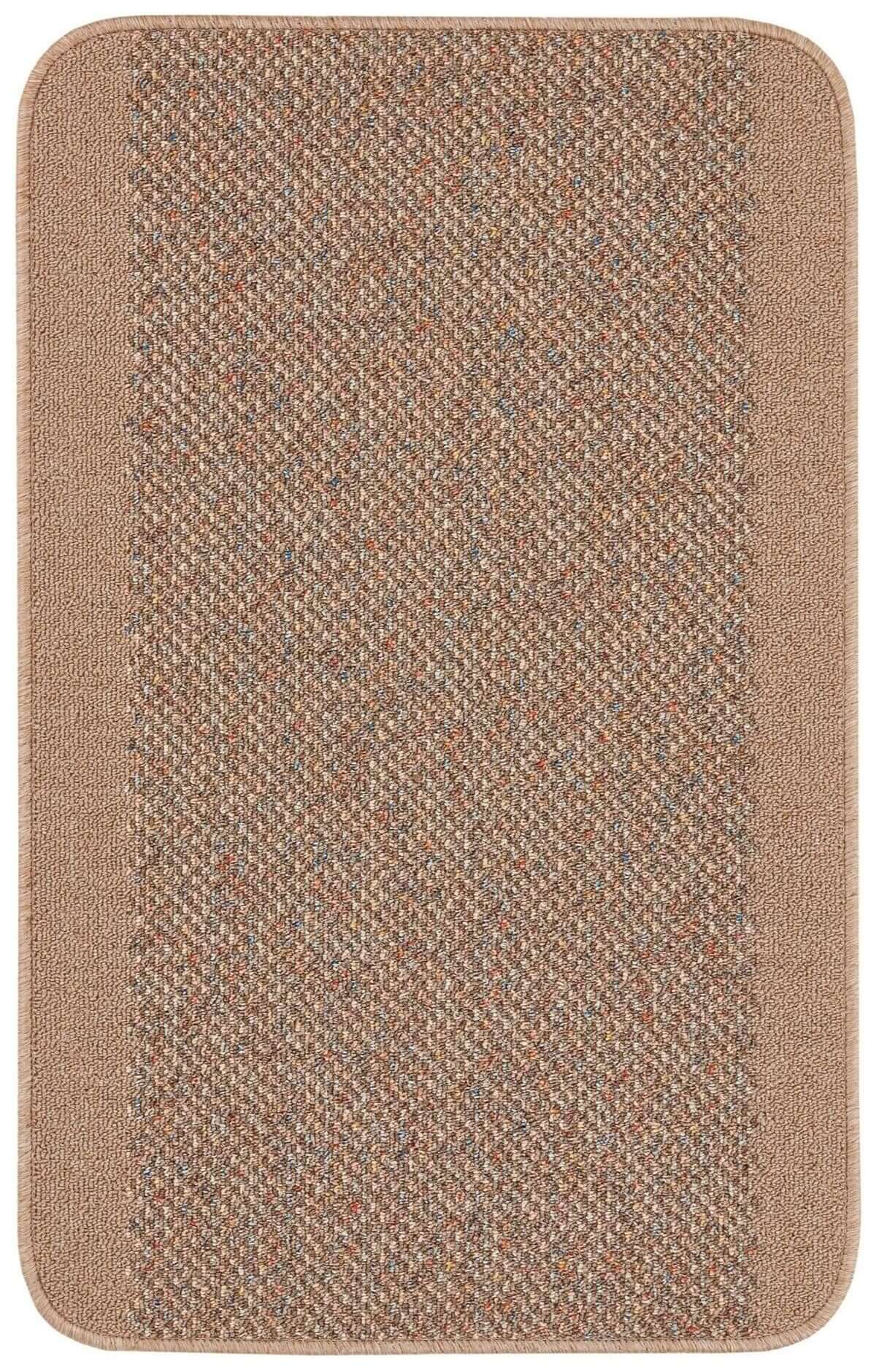 Washable designer bordered beige rug with woven herringbone pattern and soft plush border for bath use