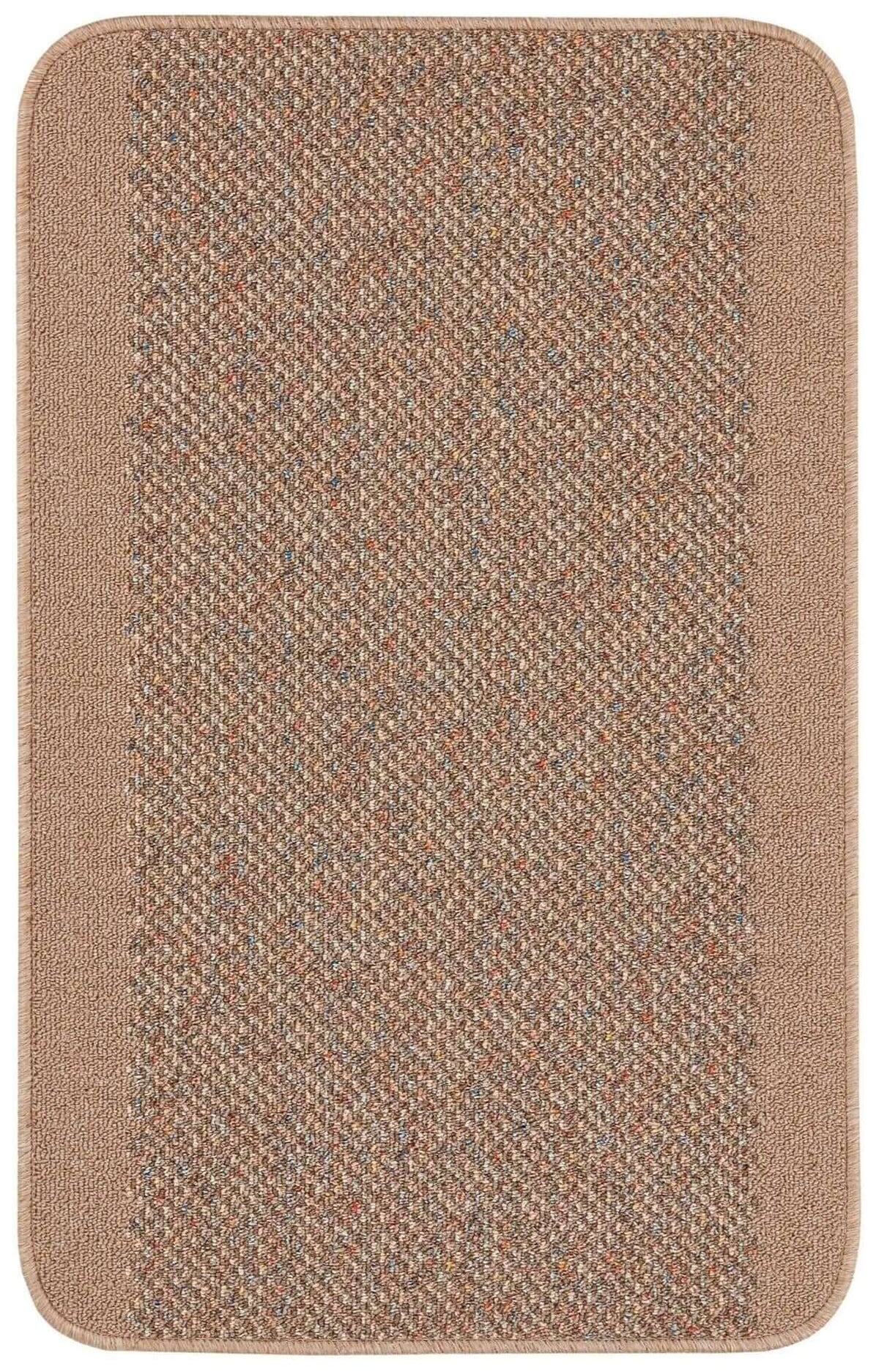 Washable designer bordered beige rug with woven herringbone pattern and soft plush border for bath use