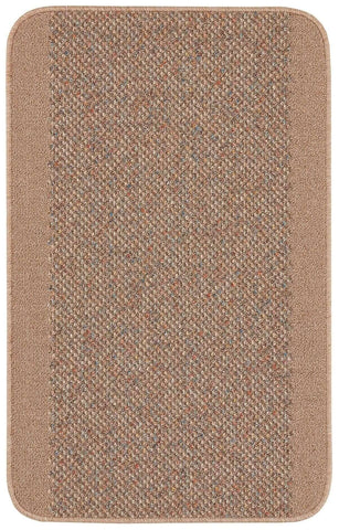 Washable designer bordered beige rug with woven herringbone pattern and soft plush border for bath use