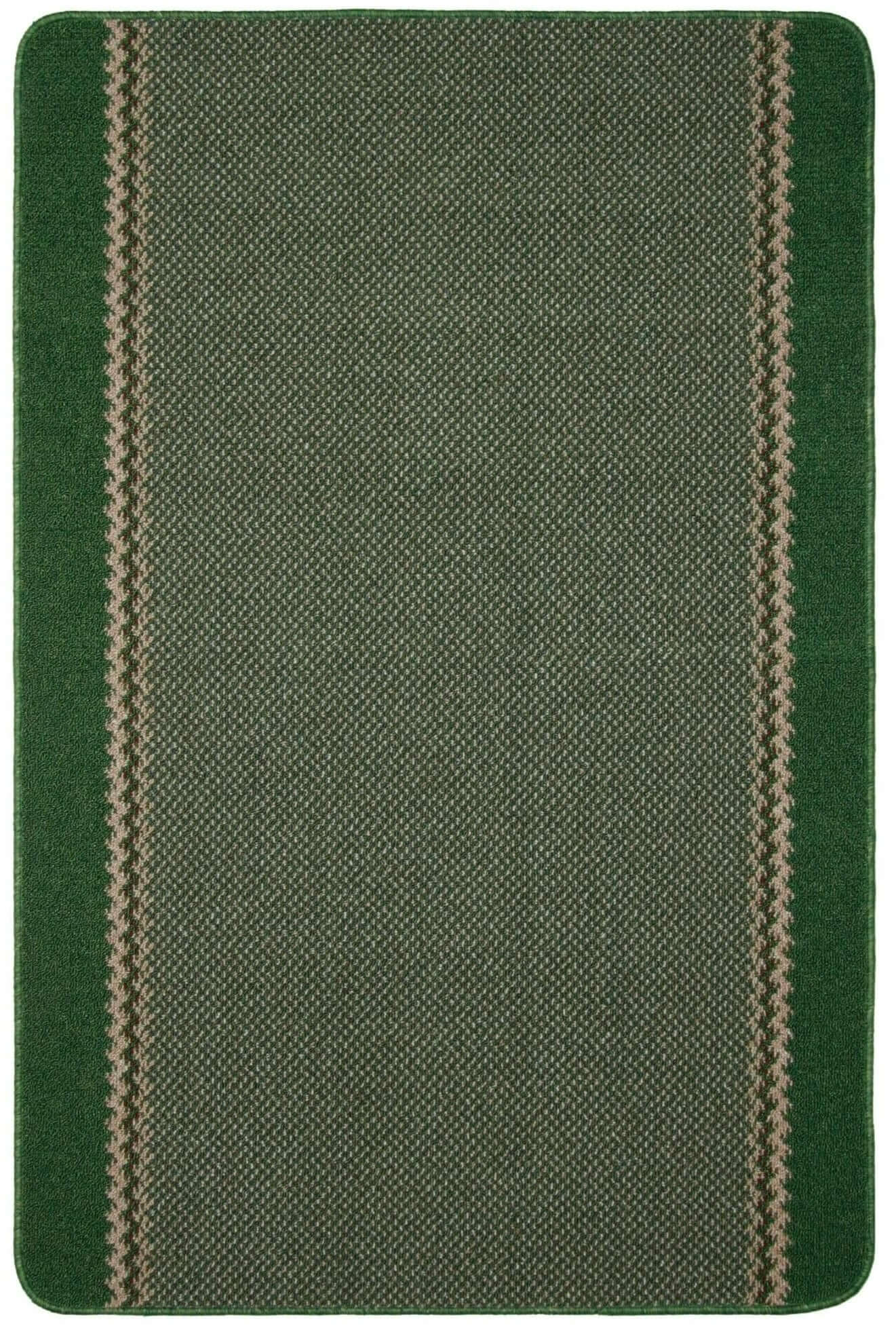 Washable designer bordered dark green rug with textured weave and beige vertical stripes on sides