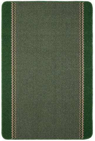 Washable designer bordered dark green rug with textured weave and beige vertical stripes on sides