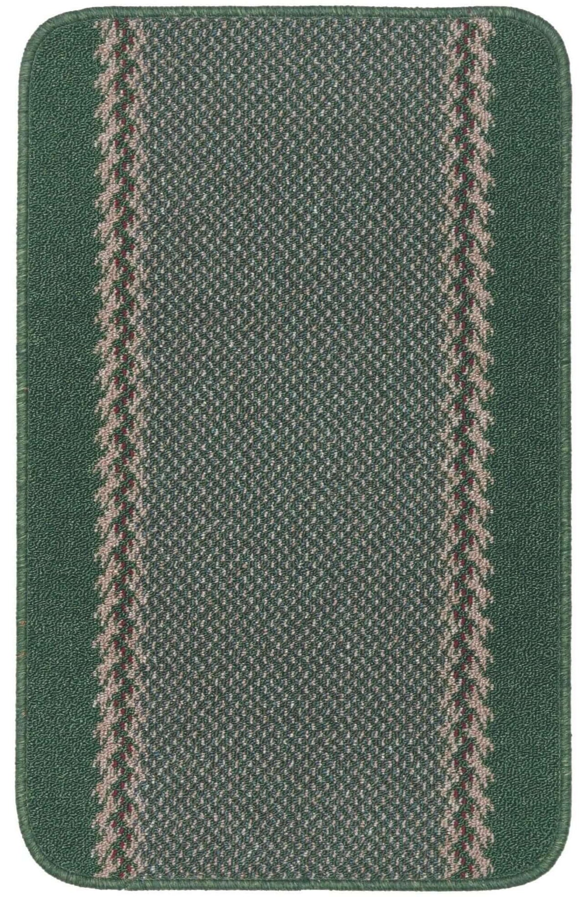 Washable designer bordered green bath mat with textured woven pattern and two beige vertical stripes down center