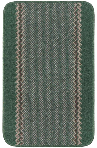 Washable designer bordered green bath mat with textured woven pattern and two beige vertical stripes down center