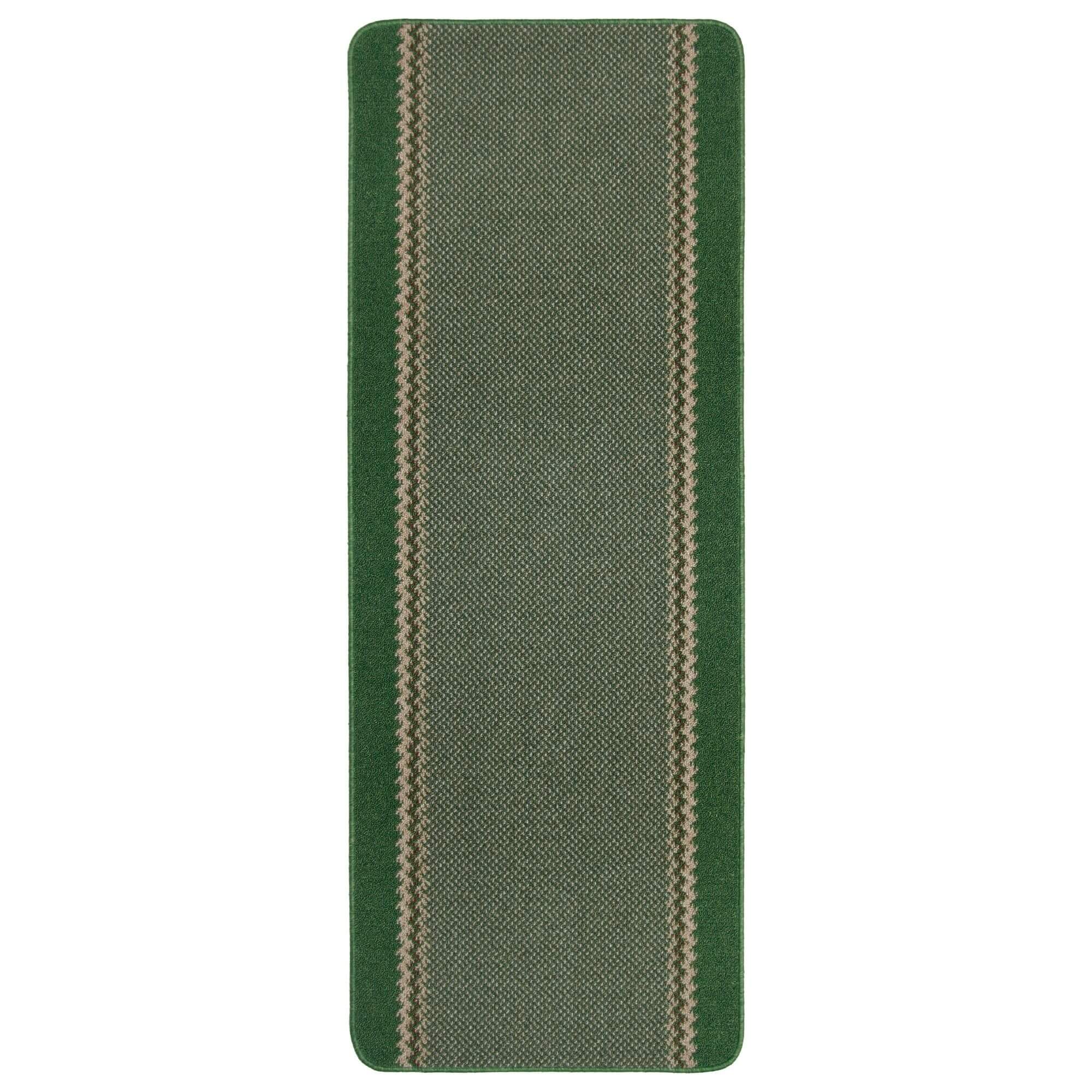 Washable designer bordered green rug with darker green borders and subtle beige and brown striped accents