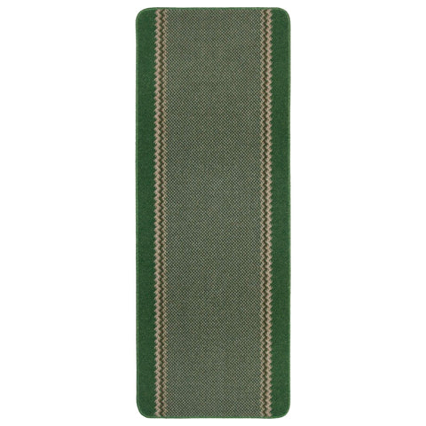Washable designer bordered green rug with darker green borders and subtle beige and brown striped accents