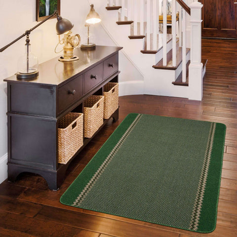 Washable designer bordered green rug with textured weave and light border stripes perfect for any room
