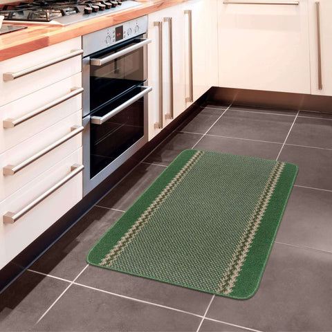 Washable designer bordered green kitchen mat with textured weave and light beige border stripes perfect for home use