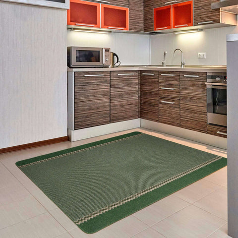Washable designer bordered green rug with subtle woven texture and light border perfect for kitchen use