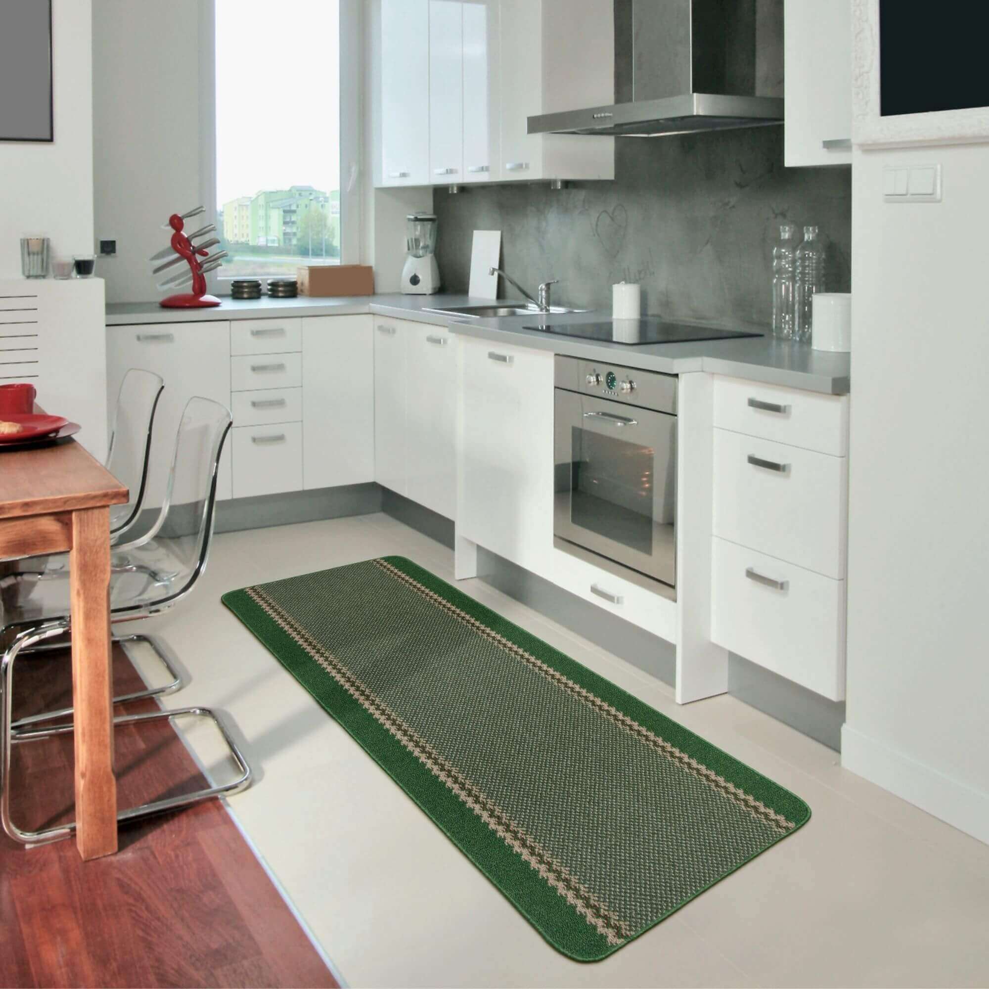 Green woven washable designer bordered kitchen mat with textured pattern and beige border for home use