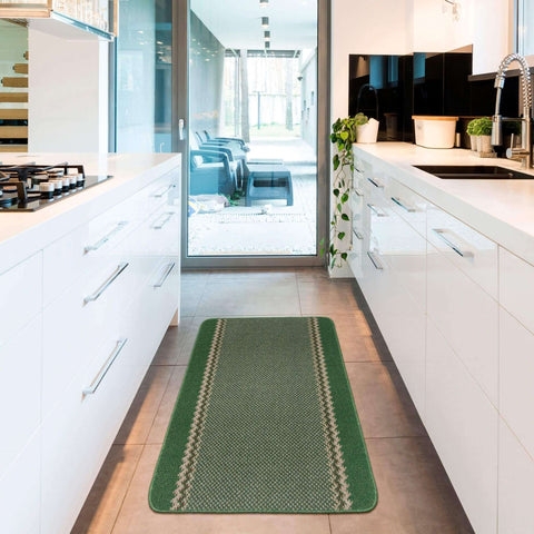 Washable designer bordered green woven rug with textured pattern and light-colored border perfect for home decor