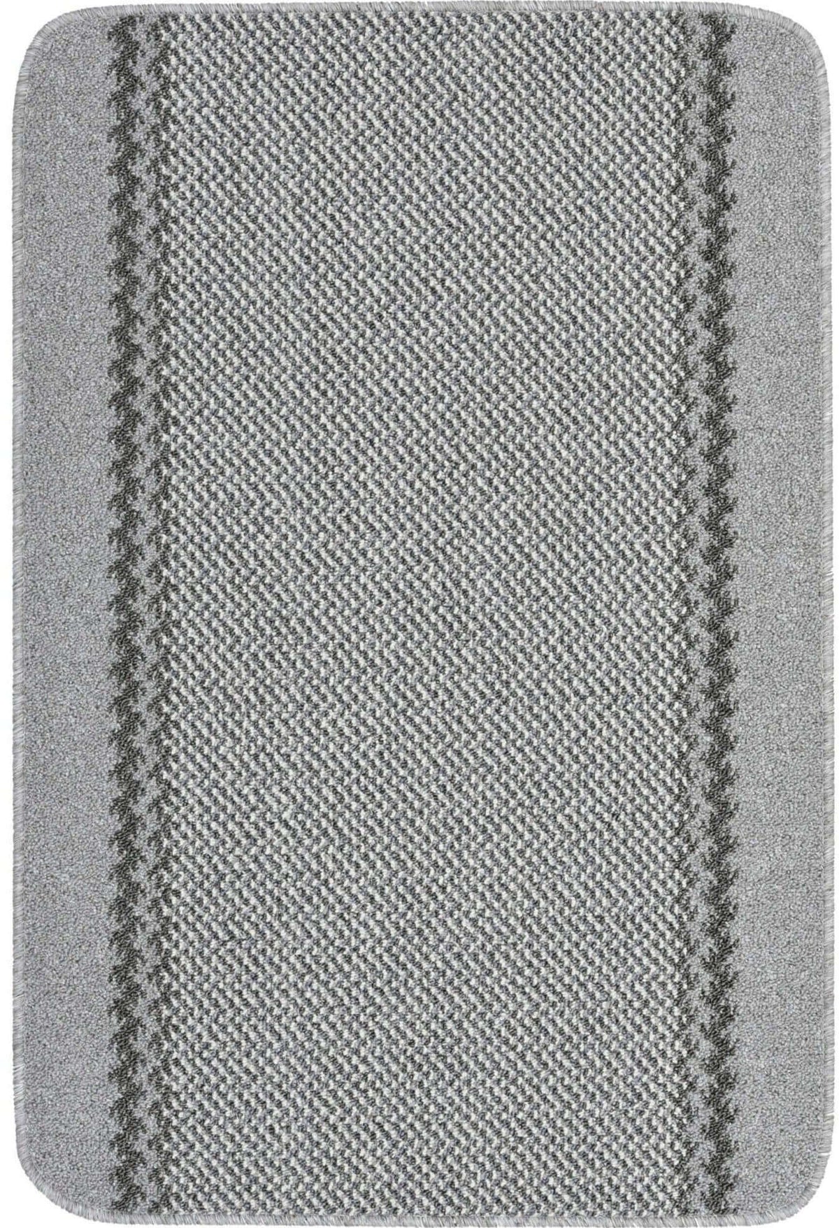 Washable designer bordered grey rug with textured herringbone pattern and darker gray vertical side stripes