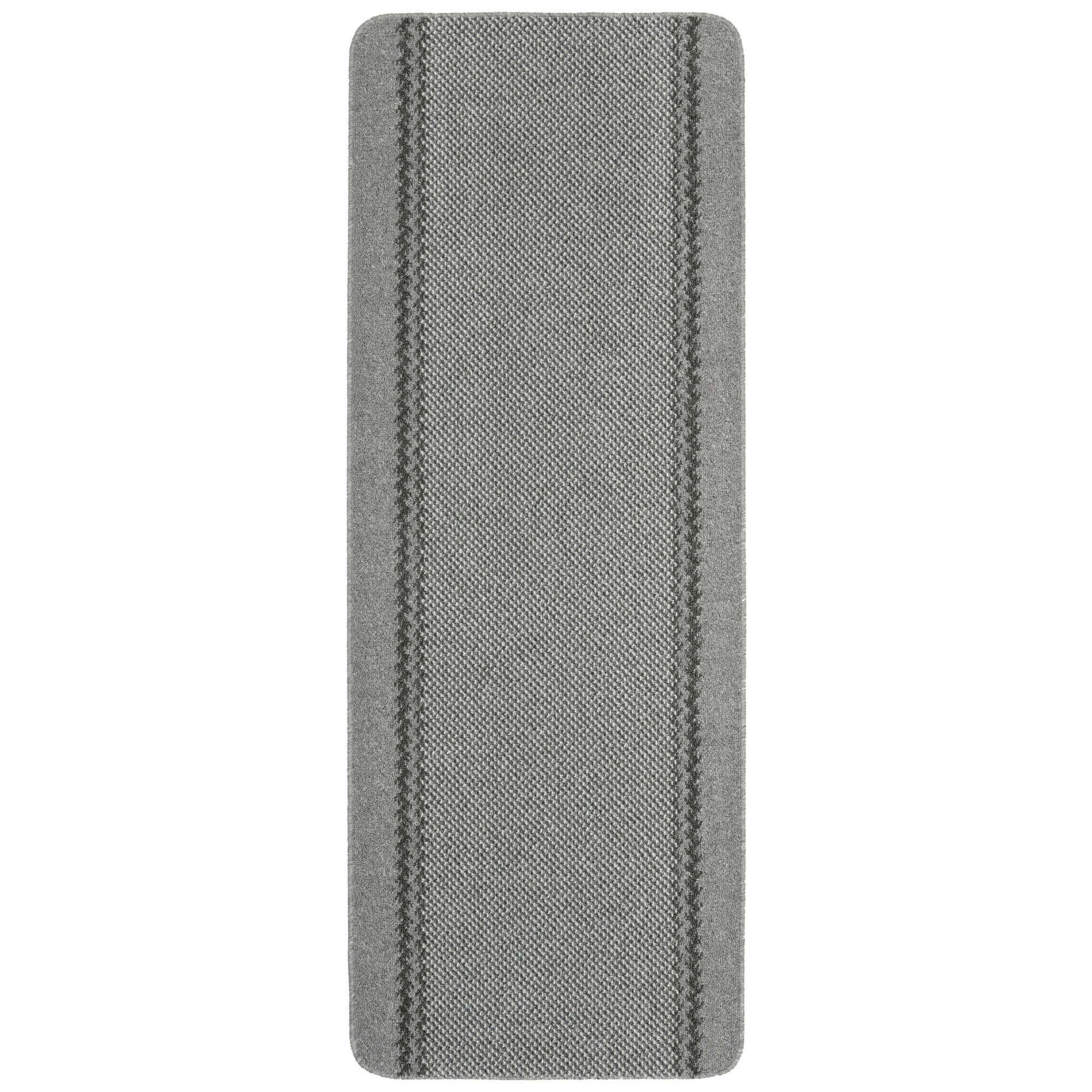 Washable designer bordered grey rug with gray textured runner and subtle darker vertical stripes for easy cleaning
