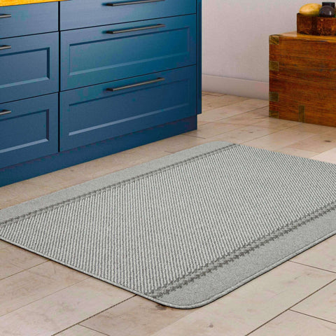 Gray washable designer bordered rug with subtle herringbone weave and darker gray border trim perfect for any room